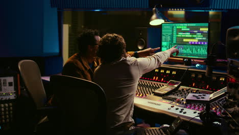 diverse people processing and mixing sounds on audio console