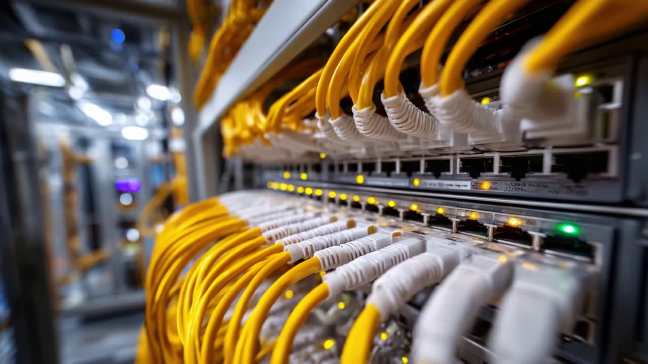 A Detailed Look at High-Speed Networking: Close-Up of Yellow Cables and Connectors in a Server Room, Showcasing Modern Data Infrastructure and Connectivity Solutions