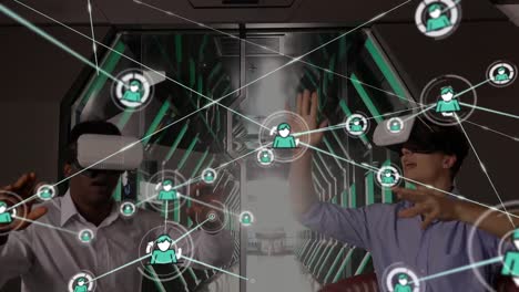connectors moving and digital data on men using vr helmet