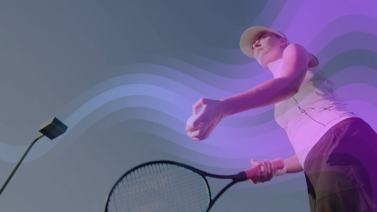 Female tennis player serving on court under open sky adding animated purple wave effects for health