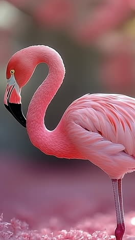elegant pink flamingo in flowers. a pink flamingo stands gracefully on one leg amidst blooming flowers in a vibrant garden during daylight.