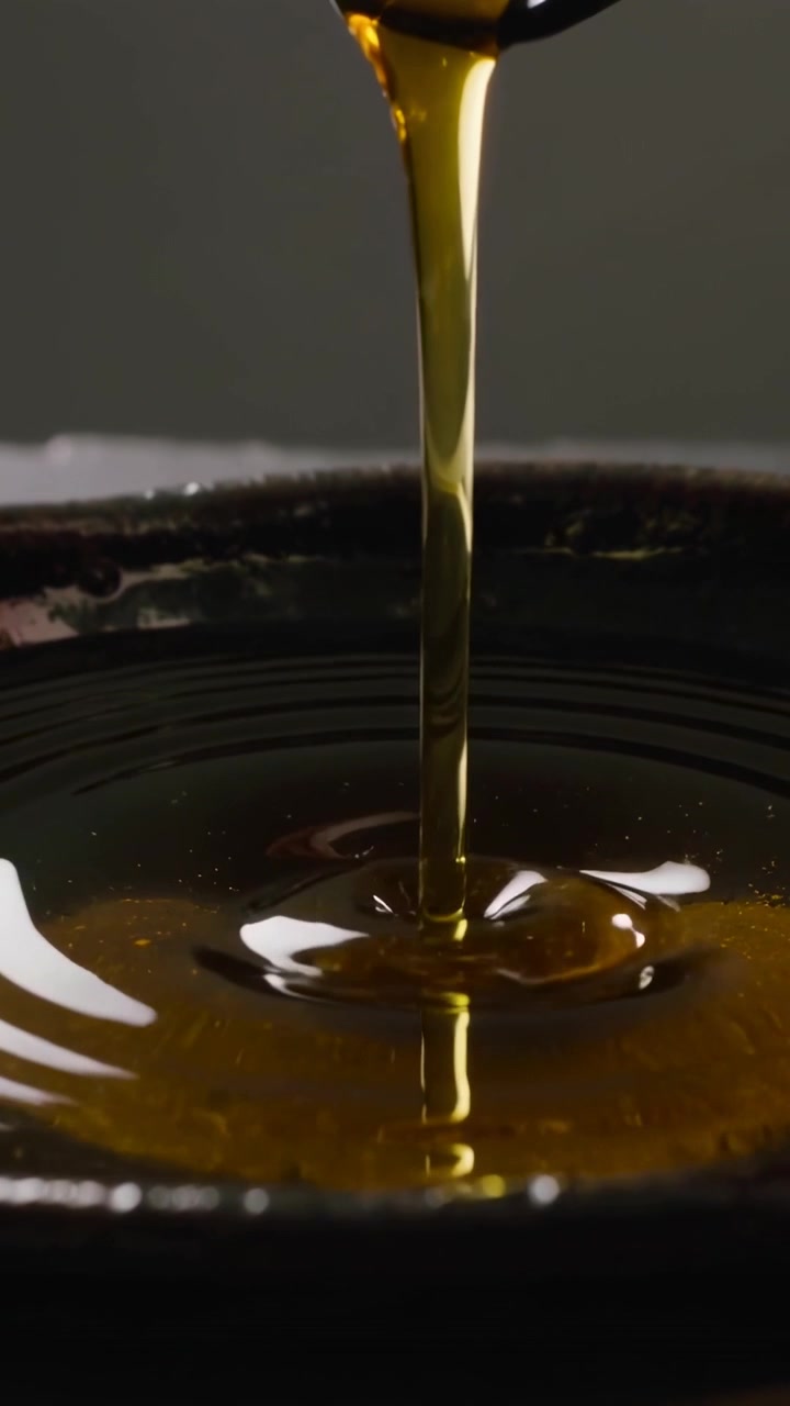 Video verticale: Mestolo scuro che versa olio dorato in una ciotola scura su un tavolo da studio.