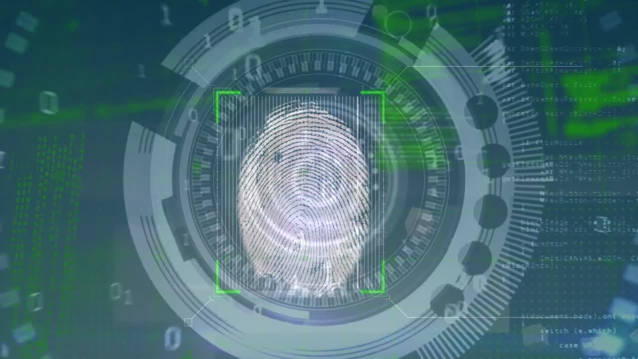 animación del escaneo de huellas dactilares sobre fondo azul con datos diversos