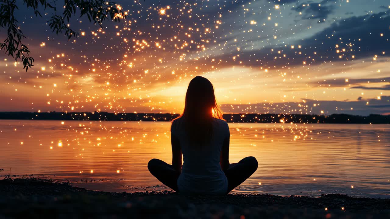 Woman meditating at sunset by the river