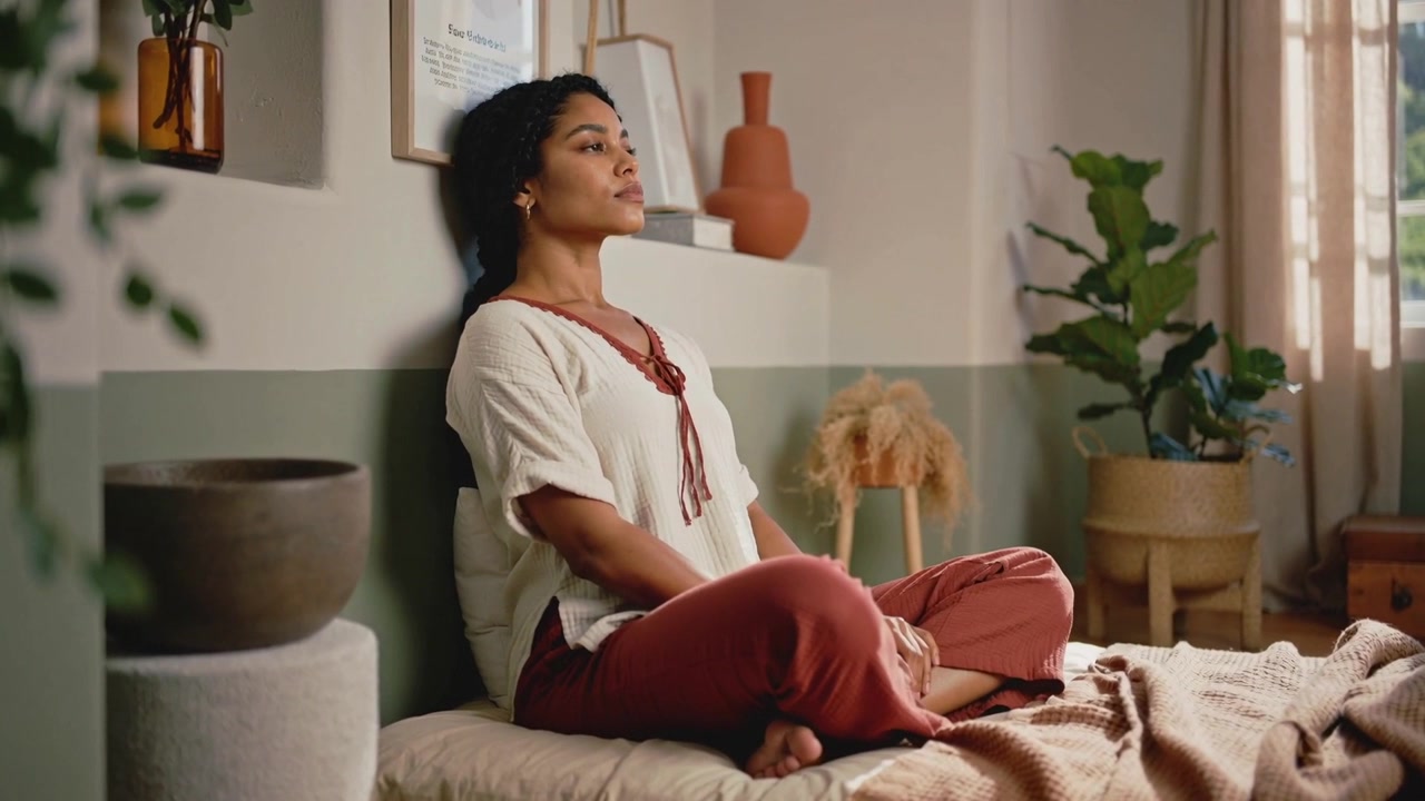 Una donna con top color crema e pantaloni color ruggine medita sul letto, reagendo alla luce del sole che filtra dalla finestra, con piante.