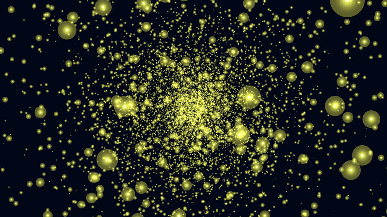 Abstract footage of shimmering golden bokeh particles and glowing spheres swirling and bursting from center on a dark background, festive sparkle backdrop for design