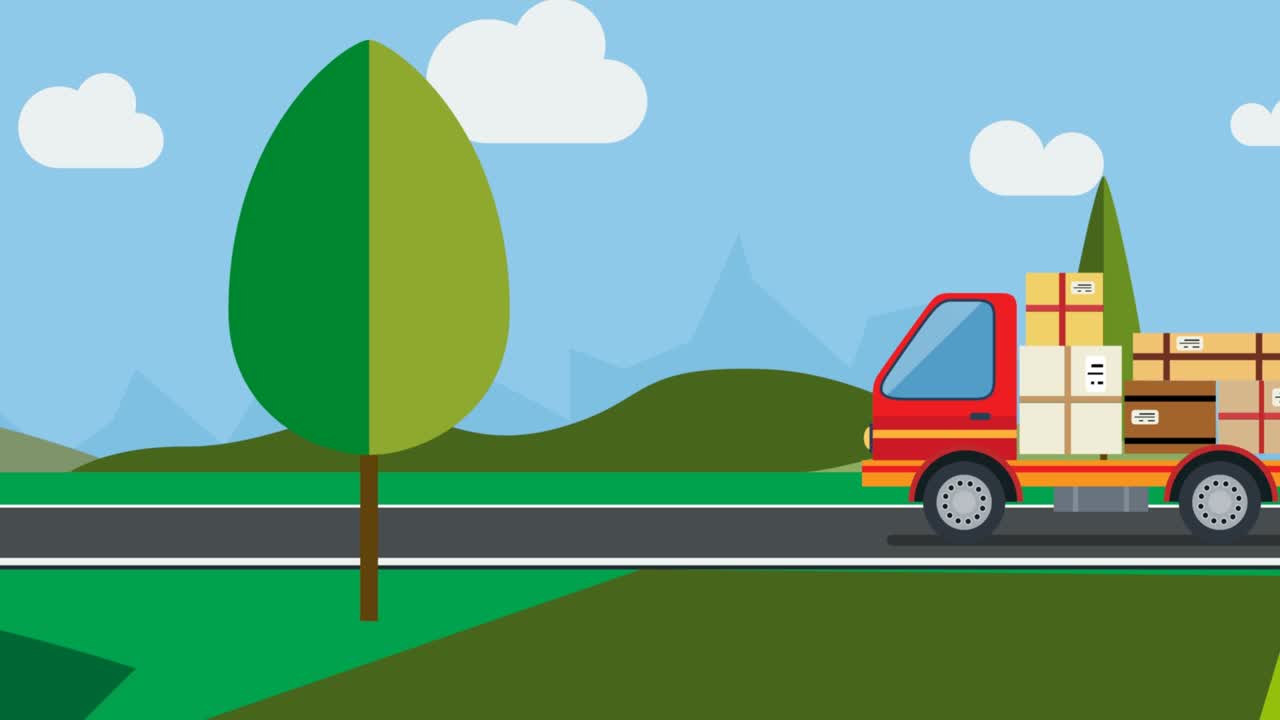 여름에 상자를 배달하기 위해 도로에 트럭에 큰 패키지. 애니메이션 일러스트