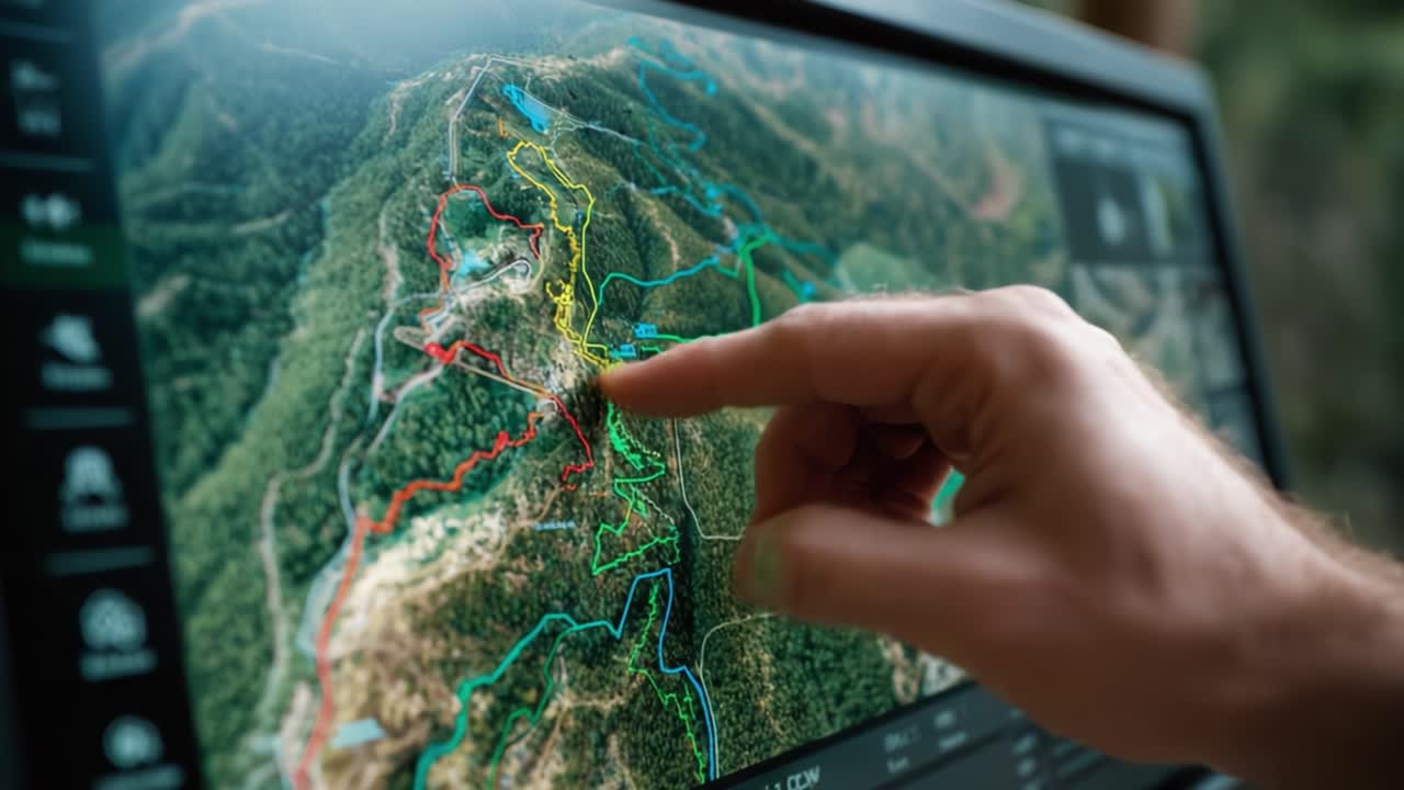 Exploring Topographic Trails and Routes on an Interactive Digital Map with a Focused Touch Gesture Highlights the Geographic Features and Navigation Pathways