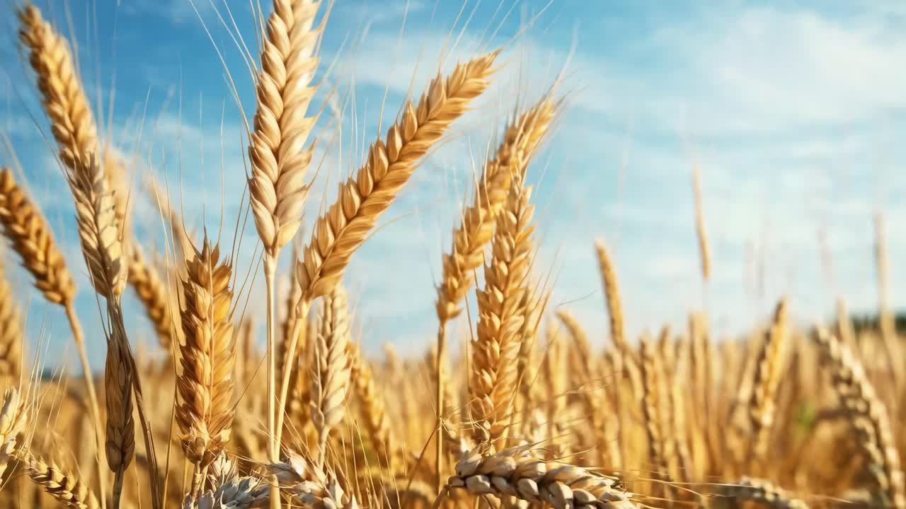 Low-angle video shot of golden wheat fields swaying under a clear blue sky, capturing the essence