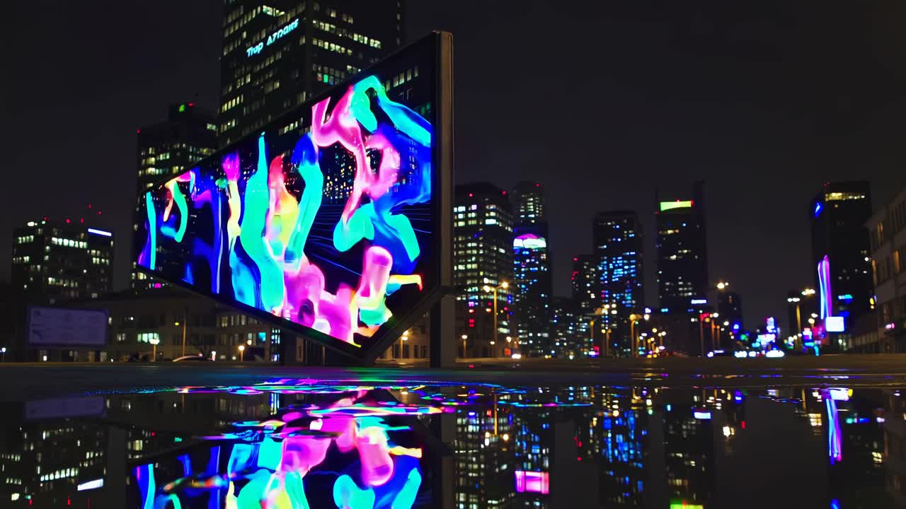 Colorful Digital Art Display Reflected in a Puddle at Night