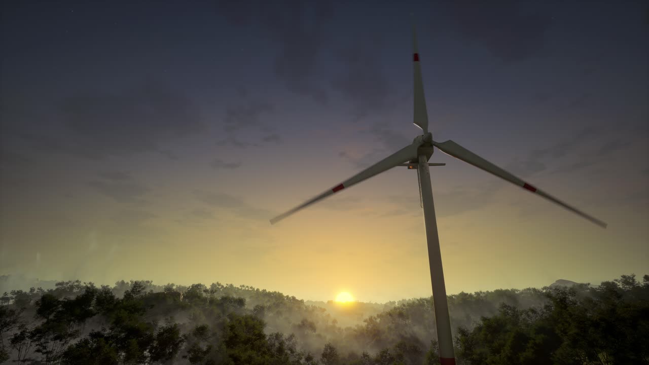 Sunrise over Wind Farm in Misty Forest