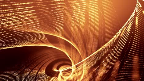 4k looped abstract background of gold glow particles form lines, surfaces as in cyberspace or hologram. sci-fi theme of microworld, nanotechnology or cosmic space. depth of field. 99 spiral