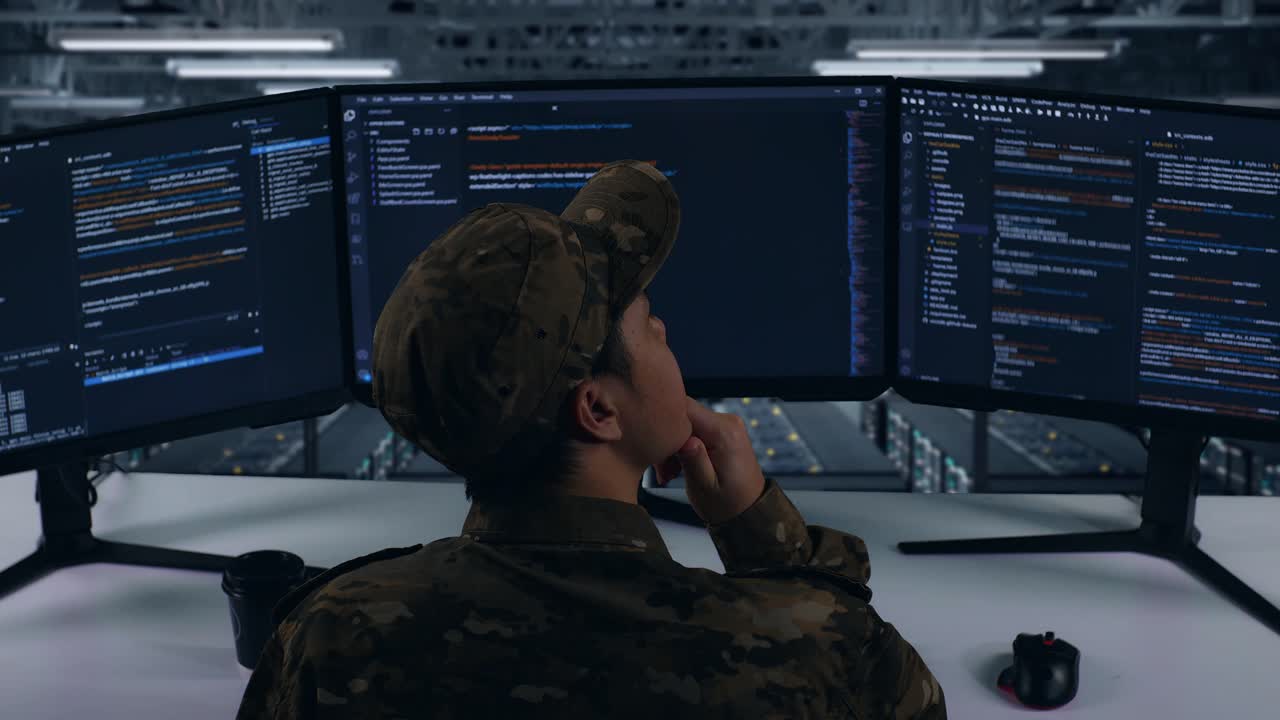 Back View Of Asian Military Thinking About Something Then Raising his Index Finger While Write Code With Multiple Computer Screens In Data Center