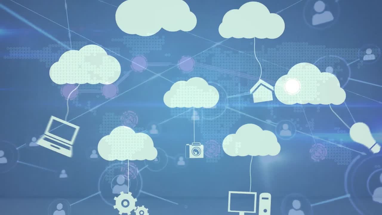 animación de la red de conexiones a través de nubes e iconos digitales