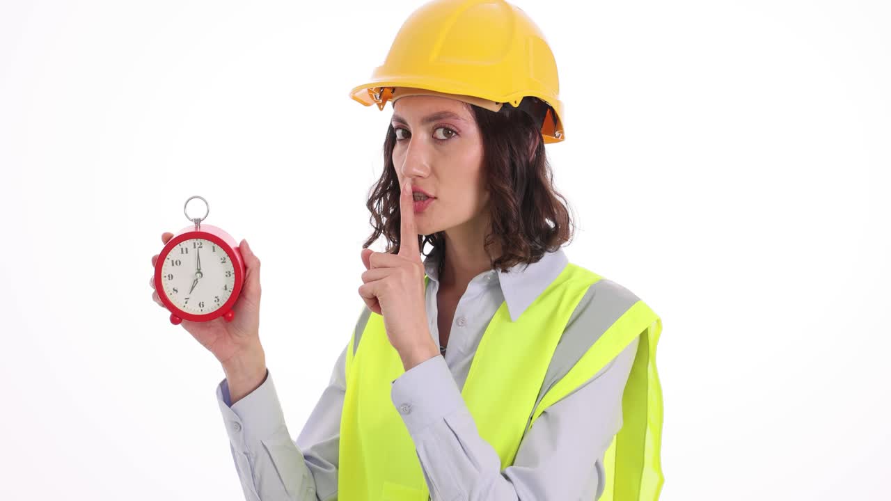 Female Engineer or Construction Worker with Alarm Clock Making Warning and Shush Gestures