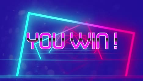 animation of you win text over neon shapes on blue background