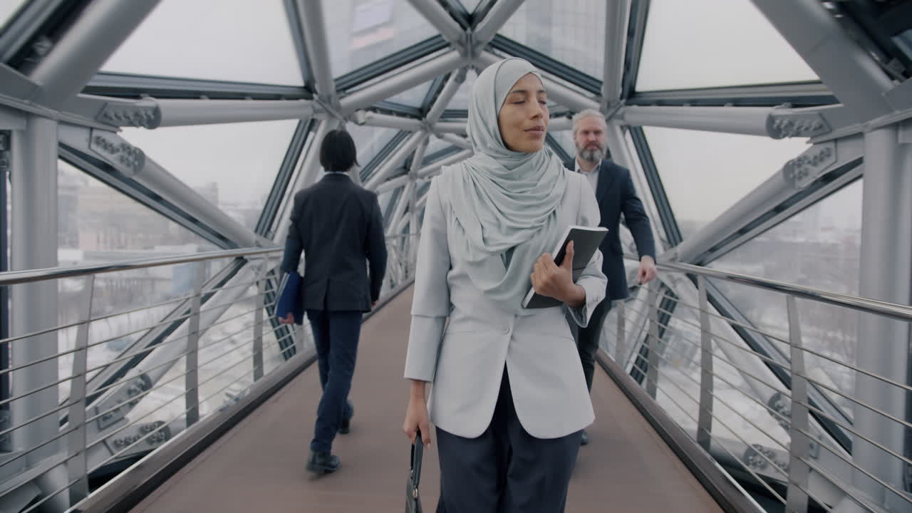 Business Professionals Walking on a Modern City Bridge