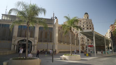 Back-entrance-of-Central-Valencia-Marketplace,-Spain,-Early-Summer-Morning