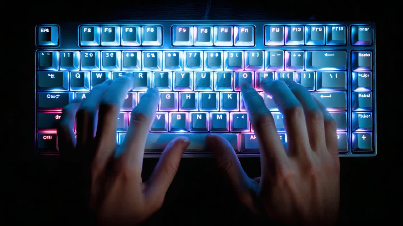 Dynamic Typing on a Backlit Keyboard: A Visual Journey Through Illuminated Keys as Hands Move Gracefully Over the Color-Changing Lights in a Dark Environment