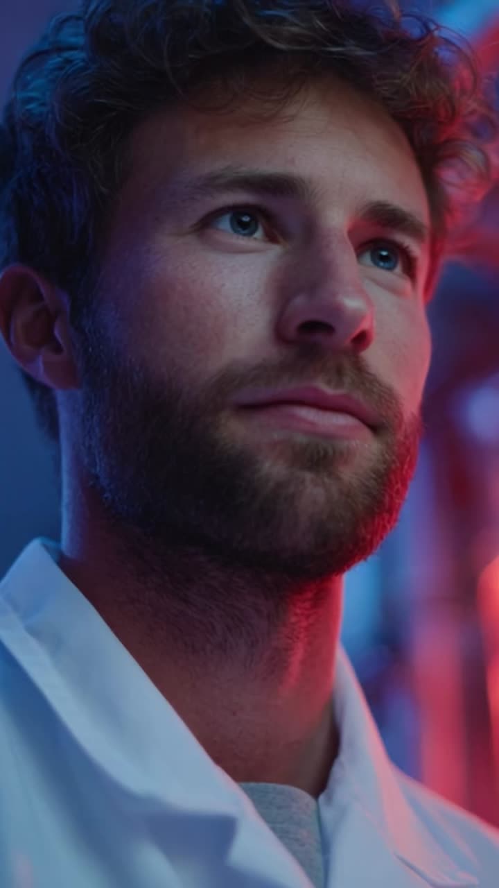 A focused scientist in a lab coat, exhibiting curiosity and determination while conducting crucial research under vibrant lighting in a modern laboratory environment