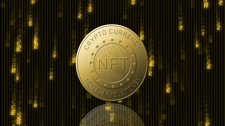 Animazione di una moneta NFT dorata che ruota su simboli di valuta su sfondo nero.
