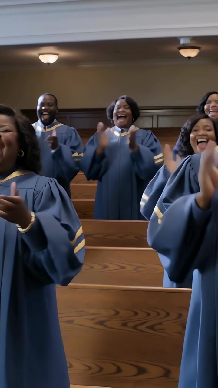 Vertical video: Clapping choir getting louder in church as song starts with navy robes, gold trim