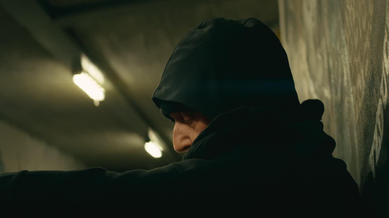 Homeless man in dark hoodie shelters in dimly lit urban subway