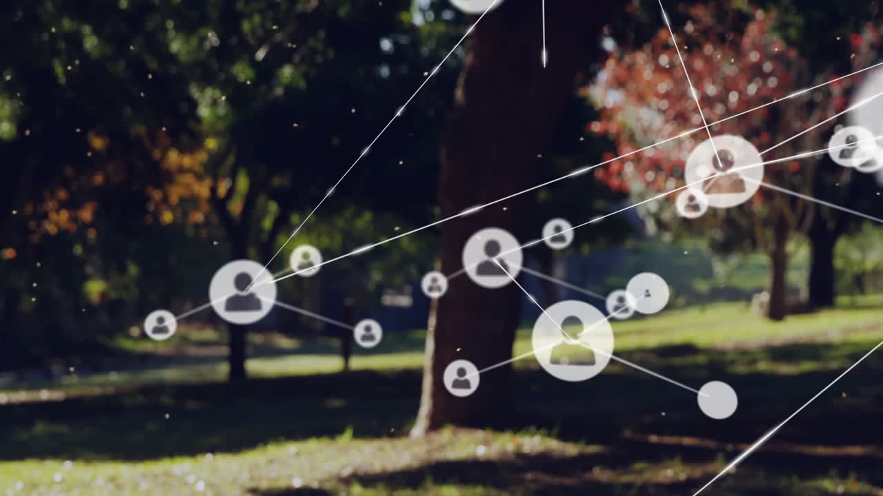 Translucent network icons floating over sunlit park, connecting silhouettes with thin white lines
