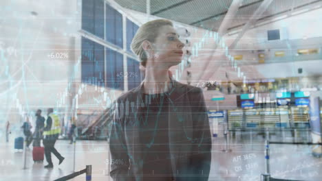 animation of data processing over diverse business people at airport