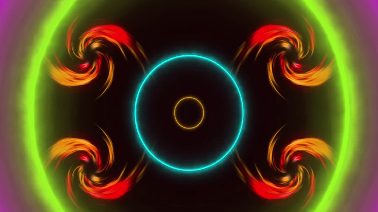 animación de llamas en espiral y círculos de neón sobre fondo negro
