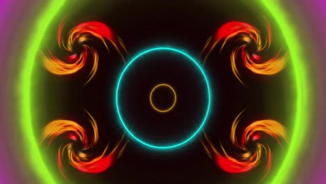 animation of spiral flames and neon circles over black background