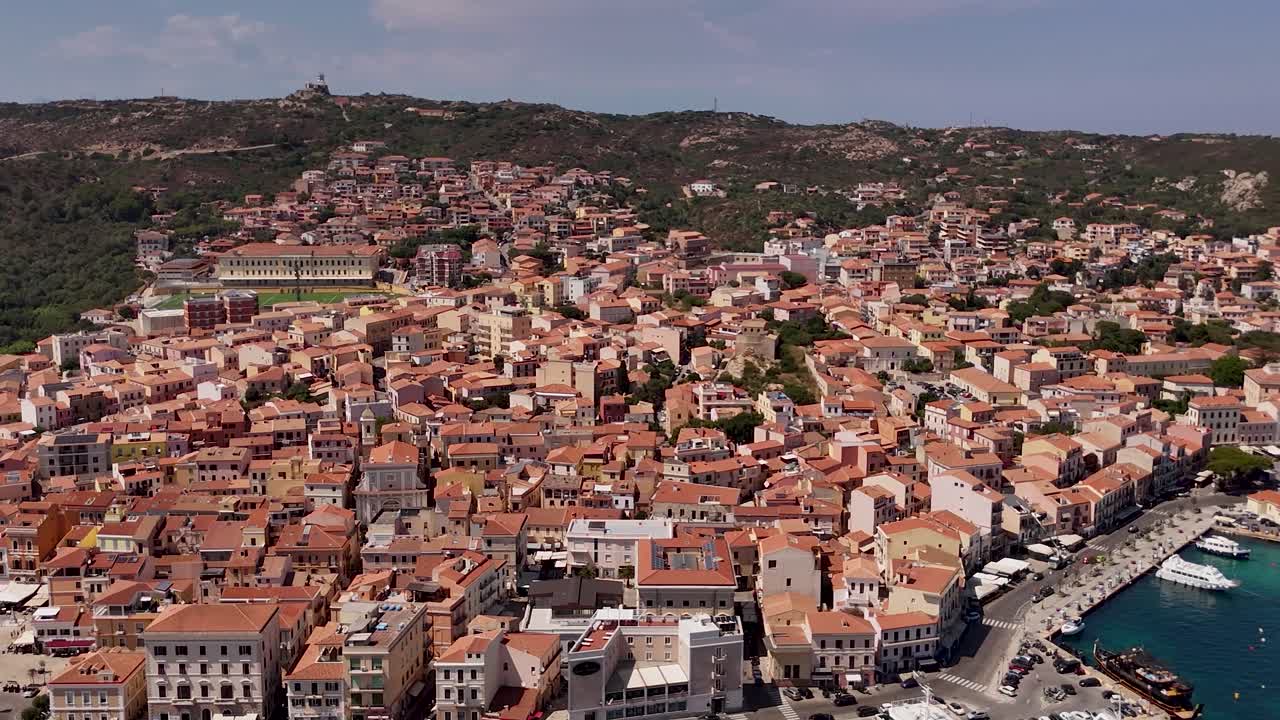 Aerial view of La Maddalena in Sardinia; vibrant rooftops by the sea