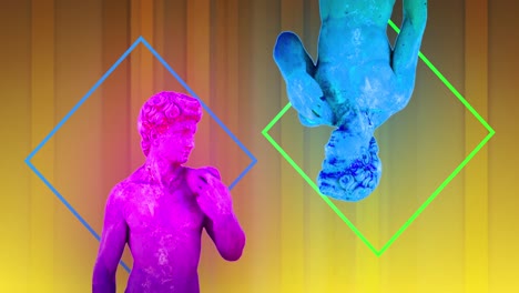 animation of distorting pink and blue male classical sculptures moving over gold striped background