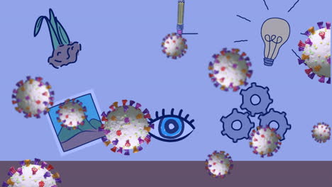 animación de células de covid 19 flotando sobre iconos en un fondo azul