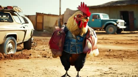 a rooster wearing a denim jacket standing in front of a car