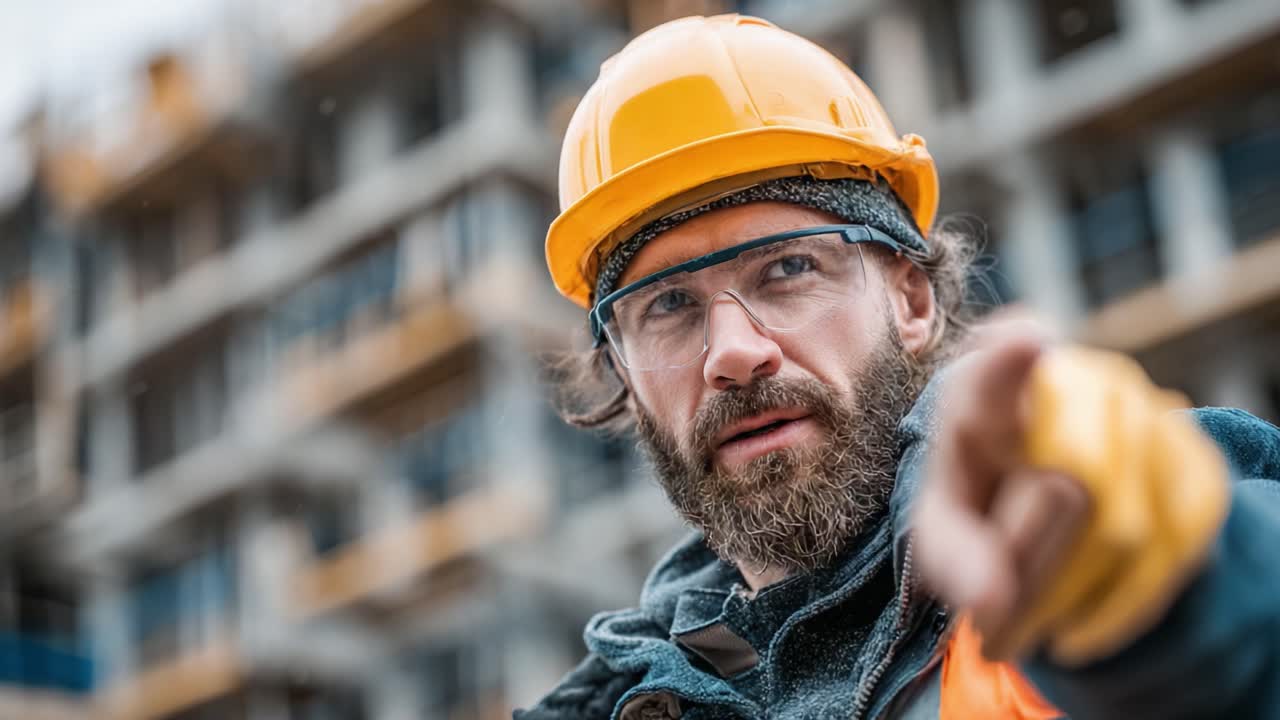 Construction Site Supervision: A Focused Worker Directing His Team with Assertiveness and Clarity in a Busy Building Environment