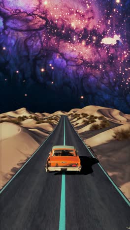 surreal video concept with a vintage car on a desert road, leading to a starry galaxy
