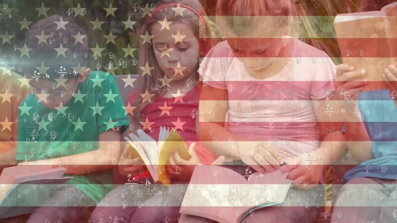 animación de ecuaciones matemáticas y bandera de los ee.uu. sobre diversos escolares.