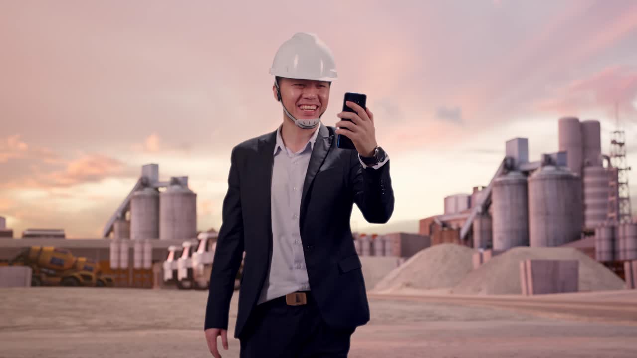 Vista frontal de empresario asiático usando un smartphone, en videollamada mientras camina en una planta de cemento industrial al atardecer.