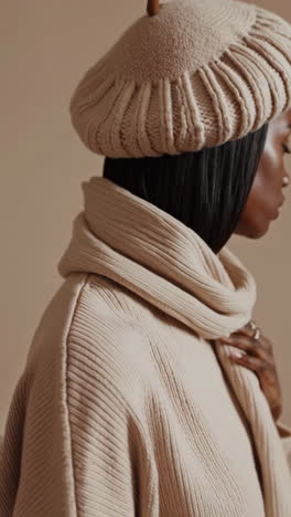 elegant woman in neutral knitwear and jewelry