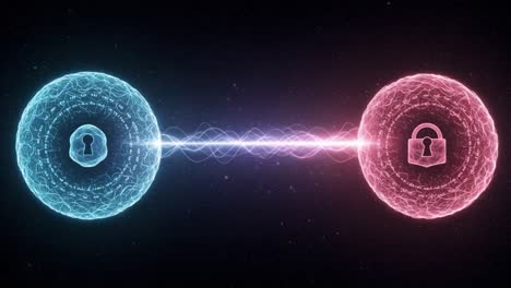 quantum entanglement: exploring the intricate connection of two protected atoms represented by colorful spheres and secure locks in a cosmic setting