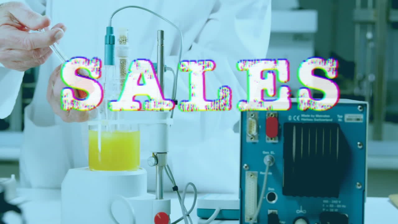 Working in laboratory, scientist using equipment with SALES text animation overlay