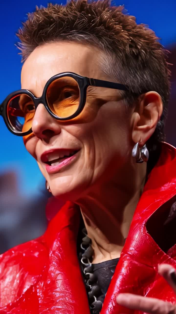 Dynamic Speaker in Bold Red Jacket Delivers Engaging Talk with Confidence and Style, Captivating the Audience with Passionate Expressions and Unique Fashion Choices