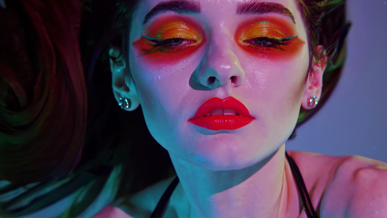 Underwater portrait capturing female swimmer wearing vivid orange eyeshadow, red lipstick, flowing hair swimming near luminescent tropical fish in neon blue ocean realm