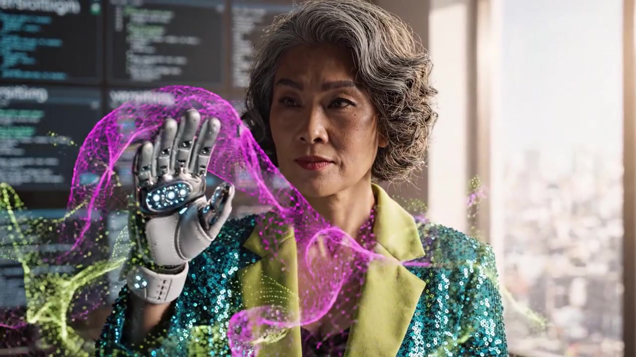 Uma mulher futurista usando uma jaqueta estilosa e uma luva de alta tecnologia interage com a tecnologia, incorporando uma mistura dinâmica de tradição e inovação em um espaço de trabalho moderno.