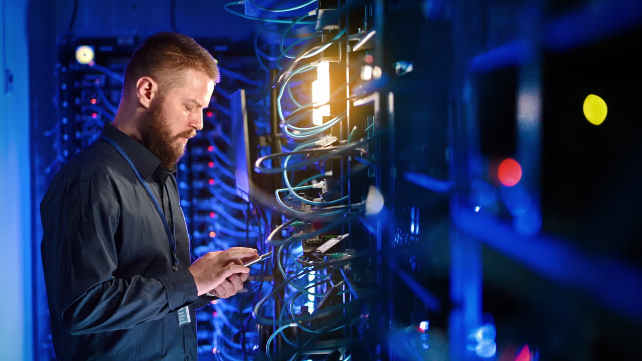 Man managing data in a server room