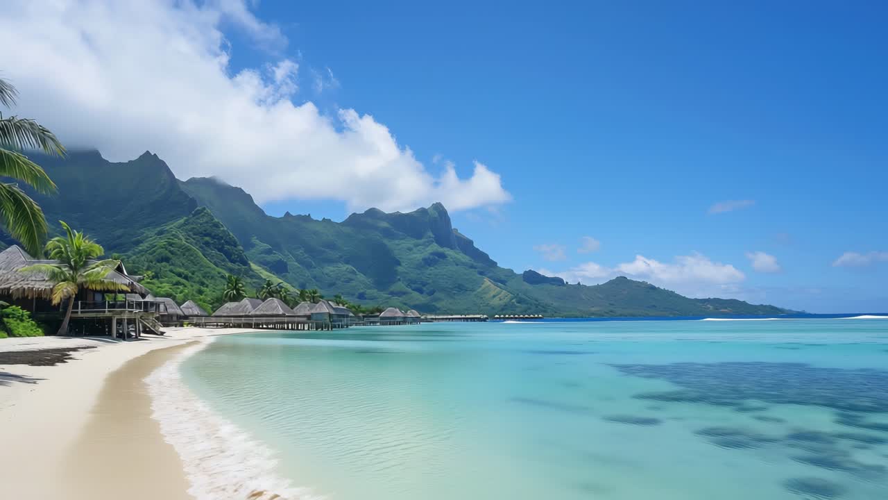 Breathtaking view of a tropical paradise with overwater bungalows dotting the serene turquoise lagoon of Moorea, French Polynesia, against a backdrop of lush green mountains and a vibrant blue sky