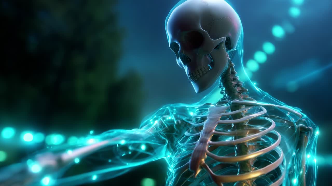 A mesmerizing depiction of an ethereal, glowing skeleton, showcasing intricate skeletal structure and radiant energy, set against an enigmatic backdrop that enhances its hauntingly beautiful appearance