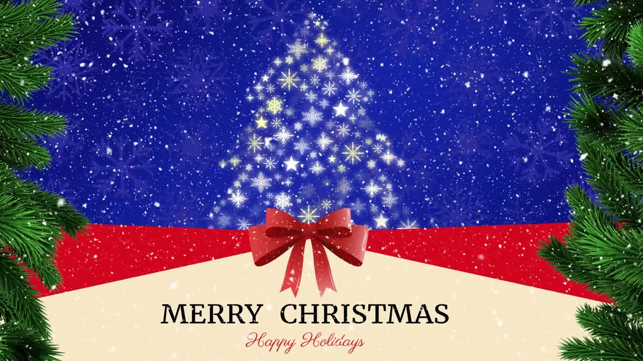 クリスマスツリーと降る雪の上にメリークリスマステキストのアニメーション