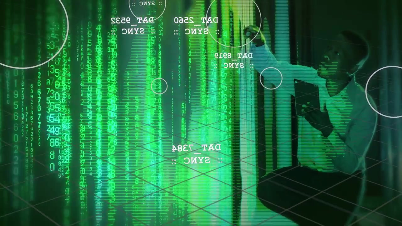 Green projection appearing on tablet adult male kneeling raising hand tapping UI nodes syncing data